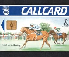 1991 Ireland 10 unit Irish Horse Racing Definitive Callcard with Gemplus Chip, Dame Lane Address, Shinny finish (not gloss), No Flag, Barcode Used. Telecom Eireann card number 1033.