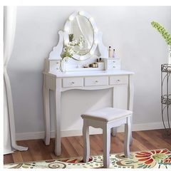 Cosmetic Dressing Table with Light Up Dressing with Mirror and Light Bulbs And Stool White