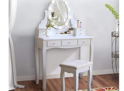 Cosmetic Dressing Table with Light Up Dressing with Mirror and Light Bulbs And Stool White
