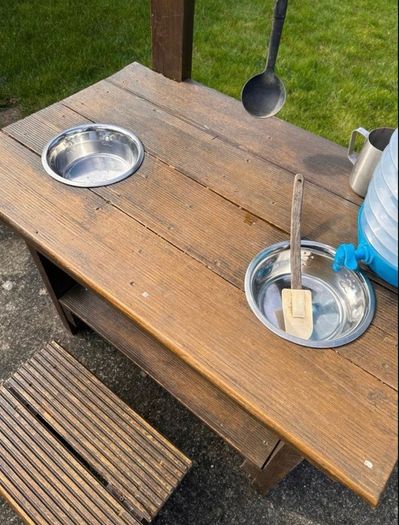 Hand made solid timber mud kitchen with stool with accessories