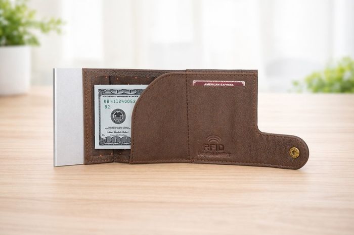 Genuine Leather Pop-Up Card Holder Wallet RFID Blocking Slim Credit Card Case
