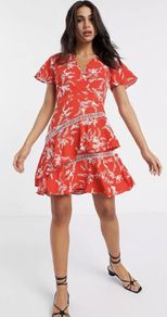 Karen Millen Red & White Floral Palm Print Ruffle Mini Dress