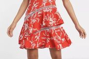 Karen Millen Red &amp; White Floral Palm Print Ruffle Mini Dress