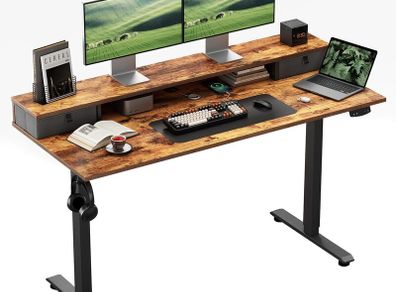 Height-Adjustable Desk with Double Drawers Electric Sit-Stand Computer Ergonomic Standing 100 x 60 cm Brown