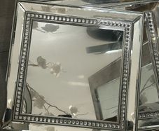 3 square, silver-framed accent mirrors with a beaded crystal inlay border.
