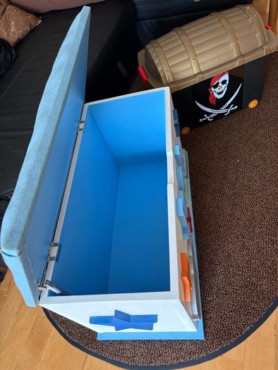 x2 Toy storage boxes Personalized white toy box features a light blue cushioned seat, the name "Jack" and pirate plastic box with lead