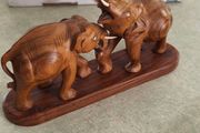 Hand Carved Wooden Elephants Fighting Elephants Vintage Wood Statue Sculpture