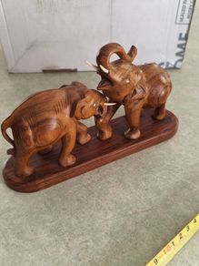 Hand Carved Wooden Elephants Fighting Elephants Vintage Wood Statue Sculpture