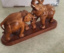 Hand Carved Wooden Elephants Fighting Elephants Vintage Wood Statue Sculpture