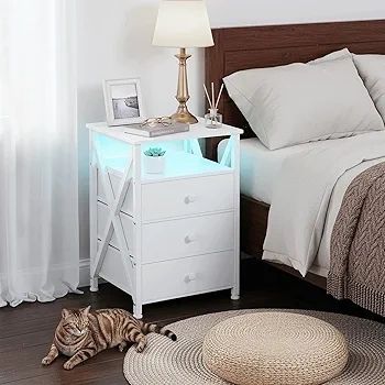 Bedside Table Set of 2 with Charging Station, Side Table with Led Lights, Bedside Cabinet with 3 Fabric Storage Drawers, End Table, Sofa Side Table, Nightstand for Living Room