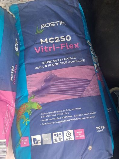 Tile adhesive, self levelling compound and grout.