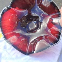 Murano Style Cranberry Ruffled Hand Blown Bowl