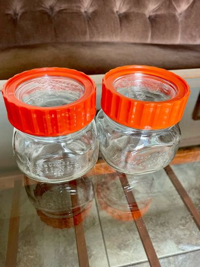 Pair Vintage 500ml 1970s Ravenhead Glass Kilner Jars With Orange Screw Lids