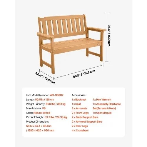 Outdoor Bench Patio Bench 128cm Weatherproof Plastic Natural Wood Color