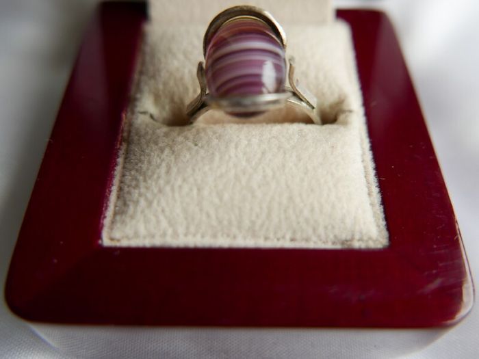 Vintage Sterling Silver 925 Purple Striped Agate Ring size P - 2,82g