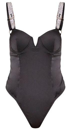 Black Diamante Strap V Bar Bodysuit size 12UK