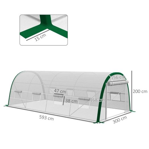 Garden Tunnel Greenhouse 18m 6L x 3W x 2H m - 8 Windows, Zippered Roll-Up Door, Galvanized Steel, PE Cover, White
