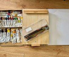 Oil paint color, brushes, frame, wooden box