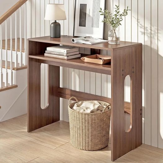 Walnut Wooden Console Table - Farmhouse Narrow Hallway Table with Storage, Behind Sofa Table for Entryway & Living Room