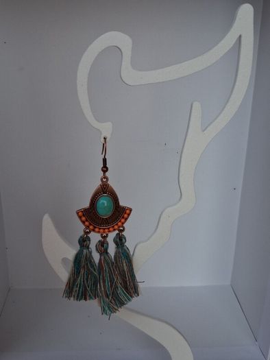 Antique Copper Turquoise Fan Tassel Earrings