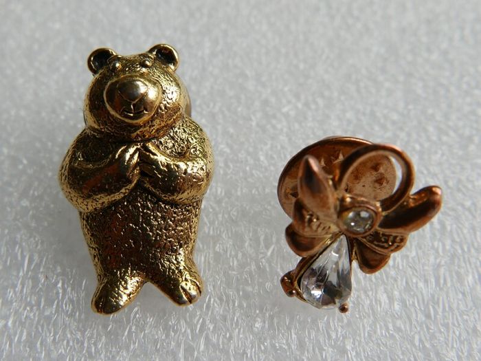 Vintage Teddy Bear Pin Gold Tone and Vintage Gold Tone Faux Diamond Angel Lapel Pin