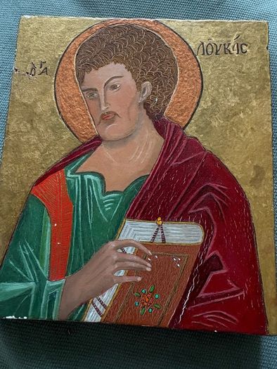 Vintage Hand Painted religious Icon of St Luke on wood Byzantine style