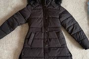 Primark Black Longline Puffer Coat with Faux Fur Hood Size XXS
