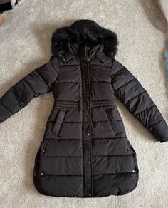 Primark Black Longline Puffer Coat with Faux Fur Hood Size XXS