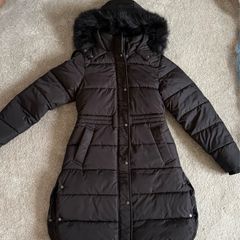 Primark Black Longline Puffer Coat with Faux Fur Hood Size XXS