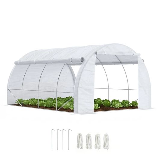 4 x 3 x 2 m Polytunnel Greenhouse w/ Roll-up Side Walls, Steel Frame Walk-in Grow House Tent w/ Zippered Door and 8 Windows and Reinforced Cover for Garden and Backyard, White