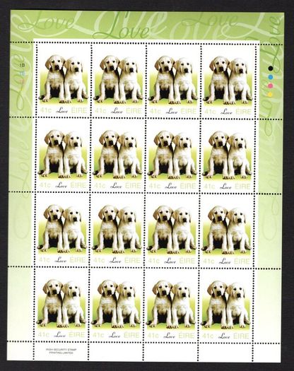 2003 Ireland Greetings (baby animals, puppies) Commemorative Stamp Sheetlet 1B1B1B1B Mint Never Hinged (MNH)