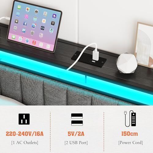 King Size Bed Frame with Storage Headboard, 5ft Upholstered Bed Frame Kingsize with Charging Station and LED Lights/Under Bed Storage