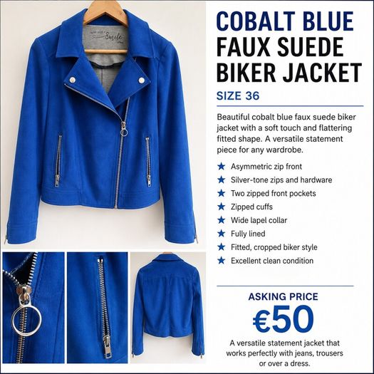 Cobalt Blue Faux Suede Biker Jacket