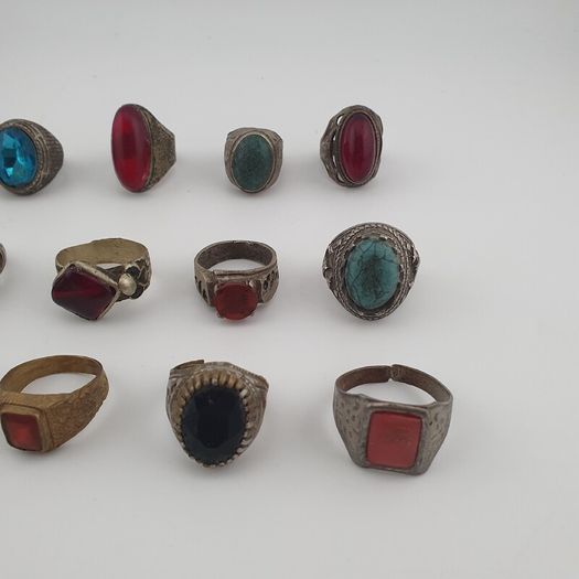 Antique Style Ring Collection 15 Mixed Brass, Glass & Stone Rings