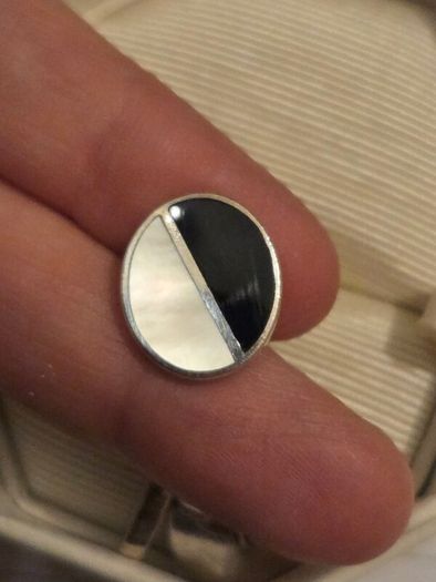 Vintage 925 Sterling Silver Mother of Pearl and Onyx Face Cufflinks with Chain Link