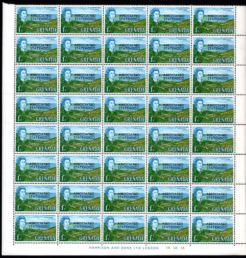 1967 Grenada Local Motives Stamps of 1966 Overprinted "ASSOCIATED STATEHOOD" Block of  40 Definitive stamps Mint Never Hinged (MNH)
