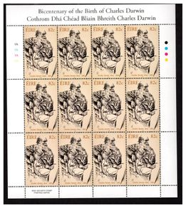 2009 Ireland Bicentenary of the Birth of Charles Darwin Commemorative Stamp Sheetlet Plate 1A1A1A1A Mint Never Hinged (MNH)