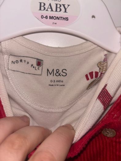 Adorable M&S Baby Christmas 2-piece set, 0-3 months. Teddy print long sleeve top + red corduroy pinafore.