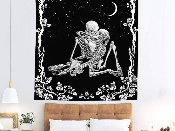 Skull Tapestry, The Kissing Lovers Black and White Tapestries, Moon and Starry Stars Floral Tapestry (MULTIPLE SIZES)