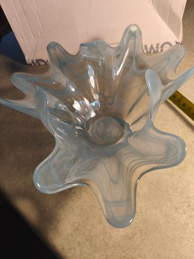 Glass Bowl Round Star Shaped Murano Art Deco Art Blue White