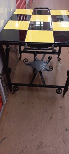 1960 wrought Iron French Brutalist style table nice solid on wheels Very Nice