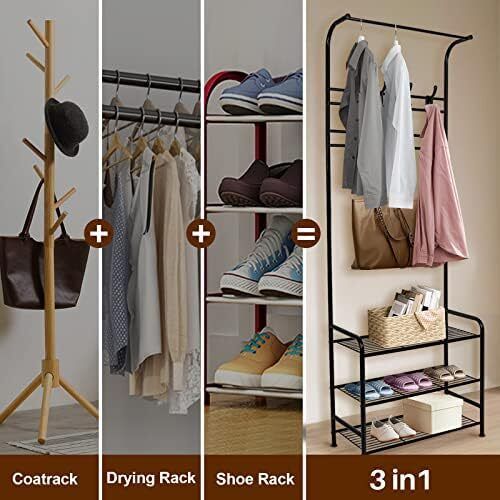 Coat Rack Stand with Shoe and Removable 16 Hooks Free Standing Hall Tree Matte Steel Frame Hat for Storage, Black