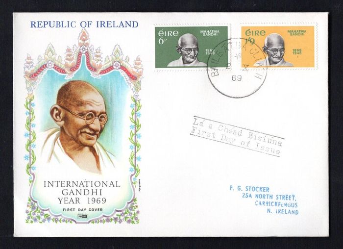 1969 Ireland Centenary of the Birth of Mahatma Gandhi Commemorative Stamps Illustrated Philart First Day Cover (FDC) with Baile Atha Cliath (Dublin) steele cancel