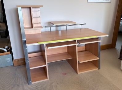 Wooden Computer or Office Desk with Adjustable Shelves & Keyboard Trays