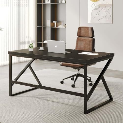 Computer Desk, Modern Industrial Home Office Desk, PC Desk for Student Work Writing Study Gaming, Metal Wood Computer Table in Bedroom Workstation, Study PC Work Gaming Desks, 140cm