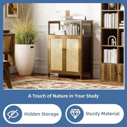 Rattan Bathroom Floor Cabinet, Bamboo Storage Cupboard with 2 Doors, Freestanding Living Room Sideboard, Space Saving Entryway Storage Unit, Walnut