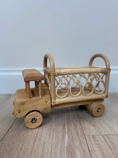 Small Rattan and Wooden Truck with working wheels