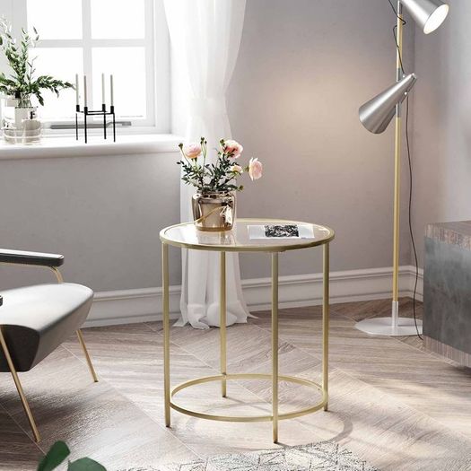 Round side table with glass surface  side table round, glass table with golden metal frame, small coffee table, bedside table, coffee table, balcony, sturdy tempered glass, stable, decorative, gold
