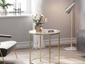 Round side table with glass surface  side table round, glass table with golden metal frame, small coffee table, bedside table, coffee table, balcony, sturdy tempered glass, stable, decorative, gold