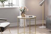 Round side table with glass surface  side table round, glass table with golden metal frame, small coffee table, bedside table, coffee table, balcony, sturdy tempered glass, stable, decorative, gold